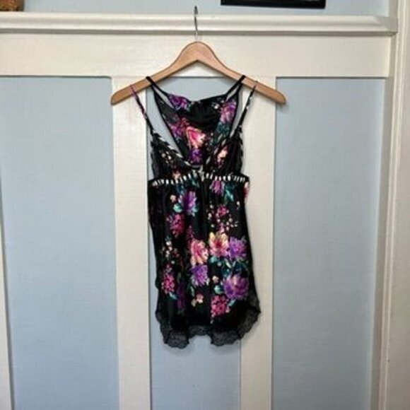Victoria’s Secret Black & Purple Floral Lace Trim Babydoll Cami Chemise Slip Dre - Picture 7 of 8
